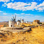 Cervantes Don Quixote windmills and Consuegra castle. Castile La Mancha, Spain, Europe