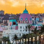 Nice, France - April 20, 2016: Cityscape with the hotel Negresco. Negresco is the famous luxury hotel on Promenade des Anglais in Nice, baie des Anges, symbol of the Cote d'Azur or French Riviera